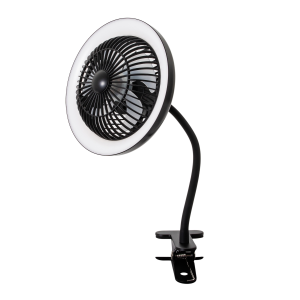 Black Rechargeable 3 Speed Clip-On Fan with LED Dimmable Ring Light