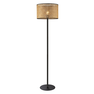 Classic Standing Floor Lamp in Matte Black with Circular Rattan Shade