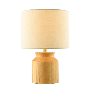 Designer Wooden Table Lamp with Beige Oatmeal Linen Fabric Drum Shade