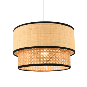Modern Double Tier Real Natural Rattan Pendant Shade with Black Trims