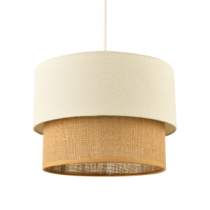 Modern Designer Two Tier Cream Linen and Natural Rattan Pendant Shade