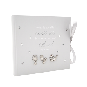 Baby Keepsake Photo Album with Silver Plated Rattle Pram and Booties