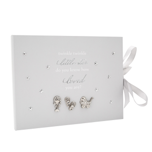 Baby Keepsake Guest Book with Silver Plated Rattle Pram and Booties