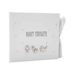 Baby Shower Photo Album with Silver Plated Rattle Pram and Booties