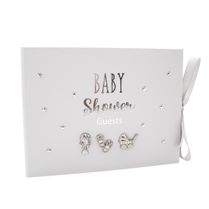 Grey Baby Shower Guest Book with Silver Plated Rattle Pram and Booties