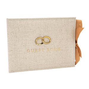 Natural Linen Fabric Wedding Day Guest Book with Shiny Gold Rings