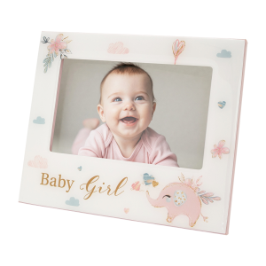 Baby Girl Baby Picture Frame with Soft Pastel Pink Elephant and Hearts