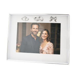 Modern Wedding Picture Frame in Silver Plating with Rings and Hearts