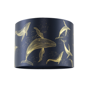 Whale Themed Lamp Shade in Midnight Blue Fabric with Vivid Gold Lines