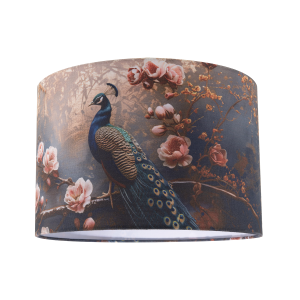 Dark and Moody Peacock Design Linen Fabric Lamp Shade with Pink Roses