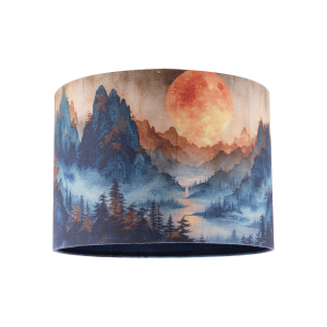 Japanese Themed Cotton Lamp Shade with Mountains Trees and Sunset