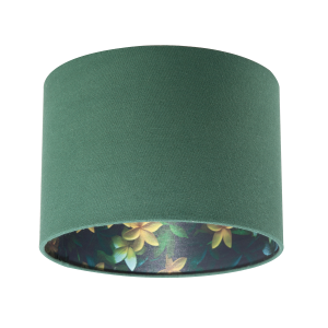 Yellow and Green Flowers Round Lamp Shade in Forest Green Linen Fabric
