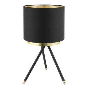 Black Tripod Table Lamp with Gold Metal Ring and Cotton Drum Shade