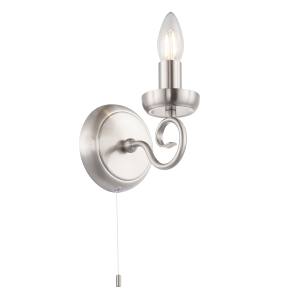 Traditional Satin Nickel Wall Light with Scroll Arm and Pull Switch