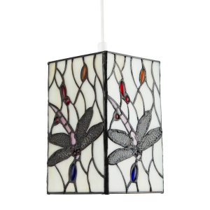 White Stained Glass Dragonfly Rectangular Tiffany Pendant Light Shade