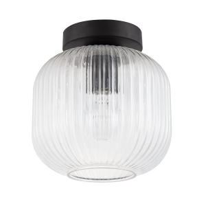 Contemporary Matte Black Ceiling Light with Clear Ribbed Glass Shade