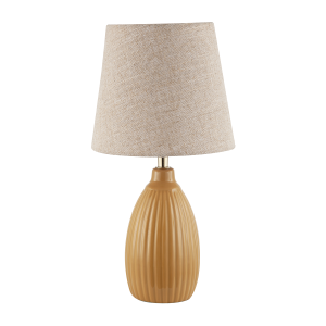 Mustard Etched Lined Ceramic Gloss Table Lamp with Linen Fabric Shade