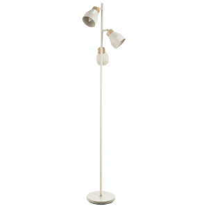 Muted Dove Grey Scandinavian Triple Spot Floor Lamp with Wooden Trim