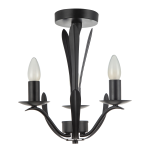 Traditional 3-Arm Ceiling Light in Matte Black with Metal Leaves