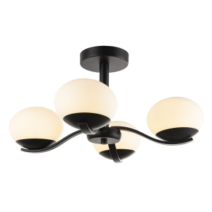 Modern Matte Black Ceiling Light with Four Opal Oval Glass Shades