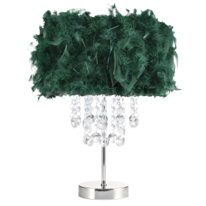 Chandelier Style Forest Green Feather Table Lamp with Waterfall Drops