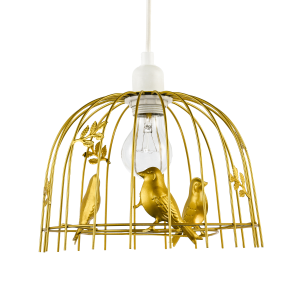Chic Birdcage Pendant Shade in Satin Gold Metal with Birds and Leaves