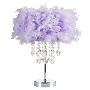 Chandelier Style Lilac Feather Table Lamp with Waterfall Acrylic Drops