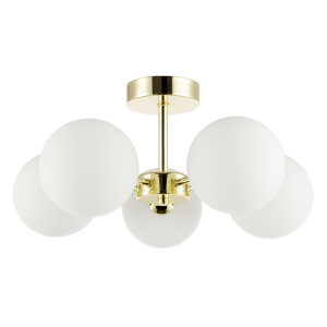 Chic Polished Gold 5-Arm Ceiling Light with White Globe Glass Shades