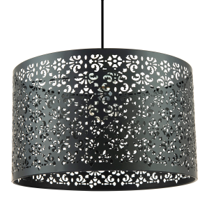 Moroccan Designed Large Black Metal Pendant Shade with Floral Decor