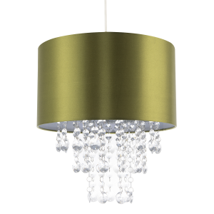 Modern Olive Green Satin Fabric Pendant Shade with Clear Acrylic Drops