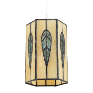 Hexagonal Tiffany Pendant Light Shade with Emerald Green Leaf Decor