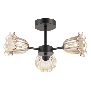 Designer Matte Black Ceiling Light with Amber Floral Glass Shades