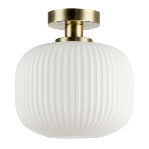 Antique Brass Bathroom Ceiling Light with Opal Ribbed Glass Shade