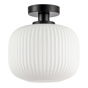 Matte Black Bathroom Ceiling Light with Opal Ribbed Glass Shade