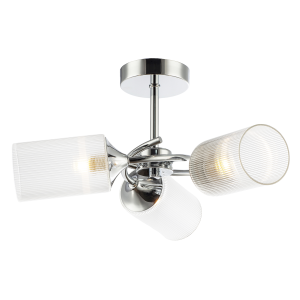 Modern Chrome Ceiling Light with Cylindrical Lined Clear Glass Shades