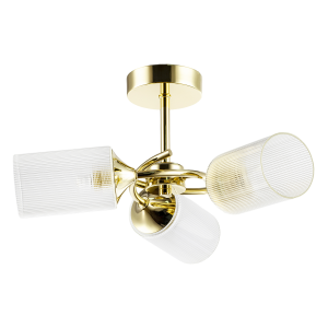 Modern Gold Ceiling Light with Cylindrical Lined Clear Glass Shades
