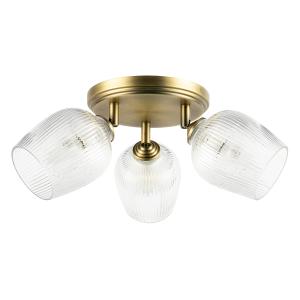 Antique Brass Triple Spot Ceiling Light with Clear Ribbed Glass Shades
