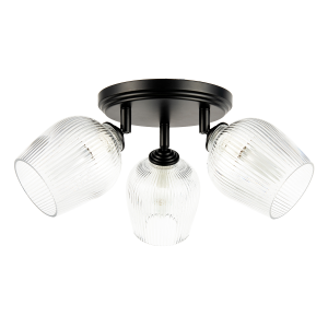 Matte Black Triple Spot Ceiling Light with Clear Ribbed Glass Shades