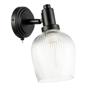 Classy Matte Black Switched Wall Light with Clear Ribbed Glass Shade