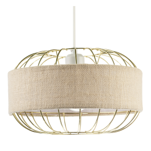 Unique Pendant Shade with Gold Metal Wire Frame and Linen Fabric Band