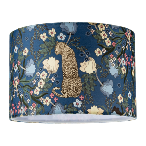 Rich Midnight Blue Lampshade with Leopard and Botanical Foliage Design