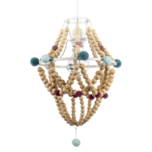 Wooden Beaded Chandelier Style Pendant Shade with Coloured Pom Poms