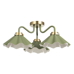 Designer Ceiling Light with Soft Olive Green Scalloped Metal Shades